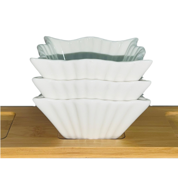 Set Of 3 White Porcelain Dishes with Bamboo Serving Board - Square Dishes - Image 2