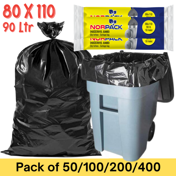 NorPack Rubbish Bin Bags Refuse Sacks Heavy Duty Waste Liners Extra Strong 90Ltr