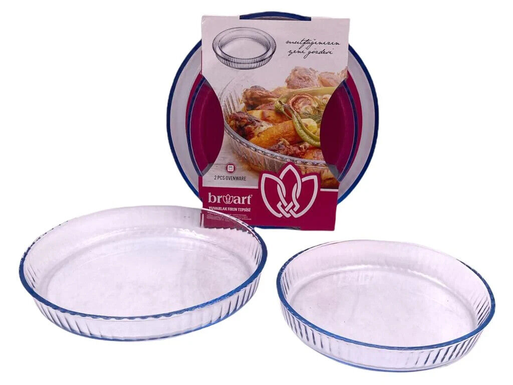 2x Round Clear Ribbed Glass Oven Dish Cooking Baking Serving Tray (32 & 26 cm) - Image 2