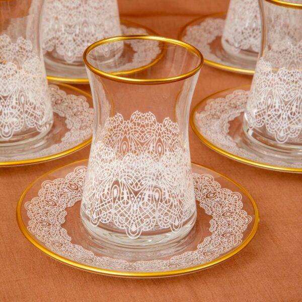 ABKA Lace Design White & Gold Color Turkish Tea Glasses & Saucers Set- Set of 6 - Image 2