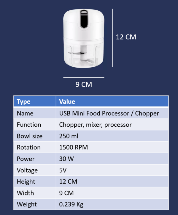 Portable Mini Food Chopper Blender Processor - 250ML - Wireless - USB - 3 Blades - Image 8