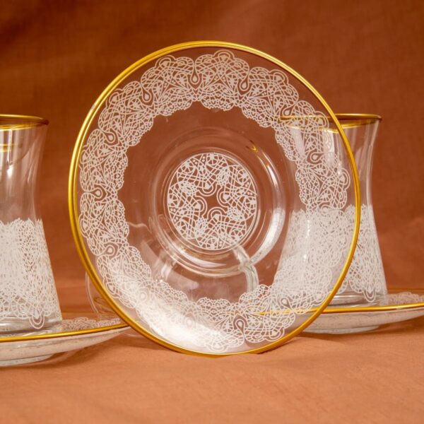 ABKA Lace Design White & Gold Color Turkish Tea Glasses & Saucers Set- Set of 6 - Image 3