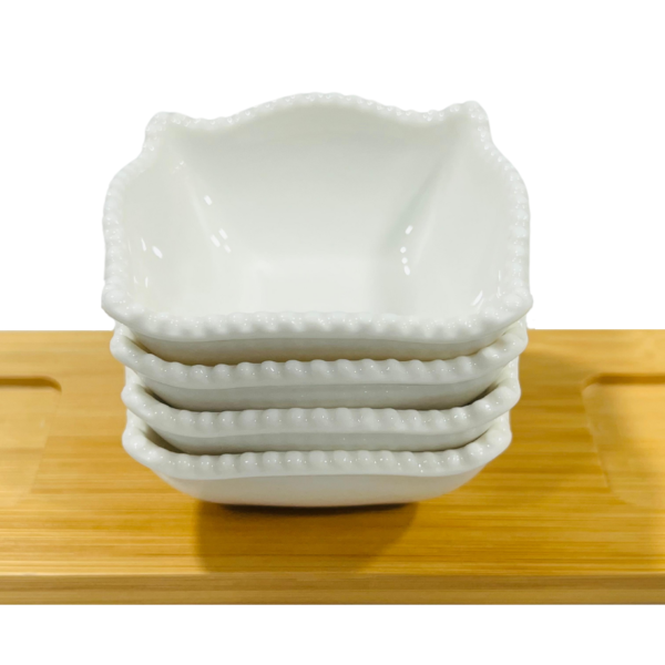 Set Of 4 White Porcelain Sauce Dishes with Bamboo Serving Board Home/Restaurant - Image 2