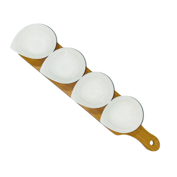 Set Of 4 White Porcelain Sauce Dishes with Bamboo Serving Board Home/Restaurant - Image 2