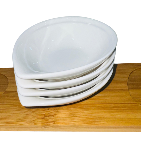 Set Of 4 White Porcelain Sauce Dishes with Bamboo Serving Board Home/Restaurant - Image 3