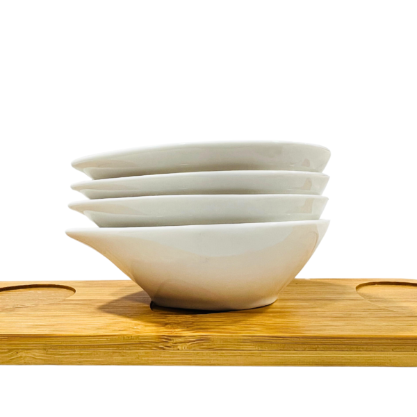 Set Of 4 White Porcelain Sauce Dishes with Bamboo Serving Board Home/Restaurant - Image 4