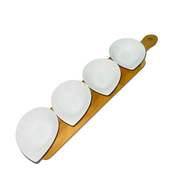 Set Of 4 White Porcelain Sauce Dishes with Bamboo Serving Board Home/Restaurant - Image 5