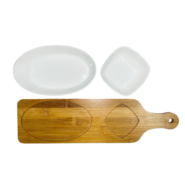 Set Of 2 White Porcelain Dishes with Bamboo Serving Board Fruit Snack Serving - Image 2