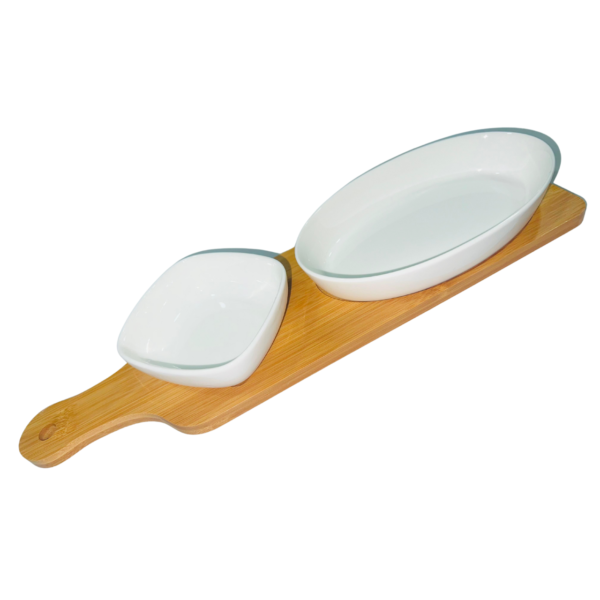 Set Of 2 White Porcelain Dishes with Bamboo Serving Board Fruit Snack Serving - Image 3