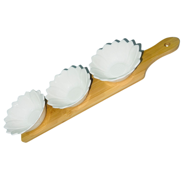 Set Of 3 White Porcelain Dishes with Bamboo Serving Board - Round Dishes - Image 3