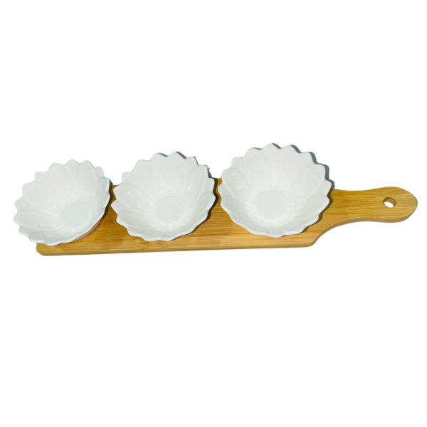 Set Of 3 White Porcelain Dishes with Bamboo Serving Board - Round Dishes - Image 4